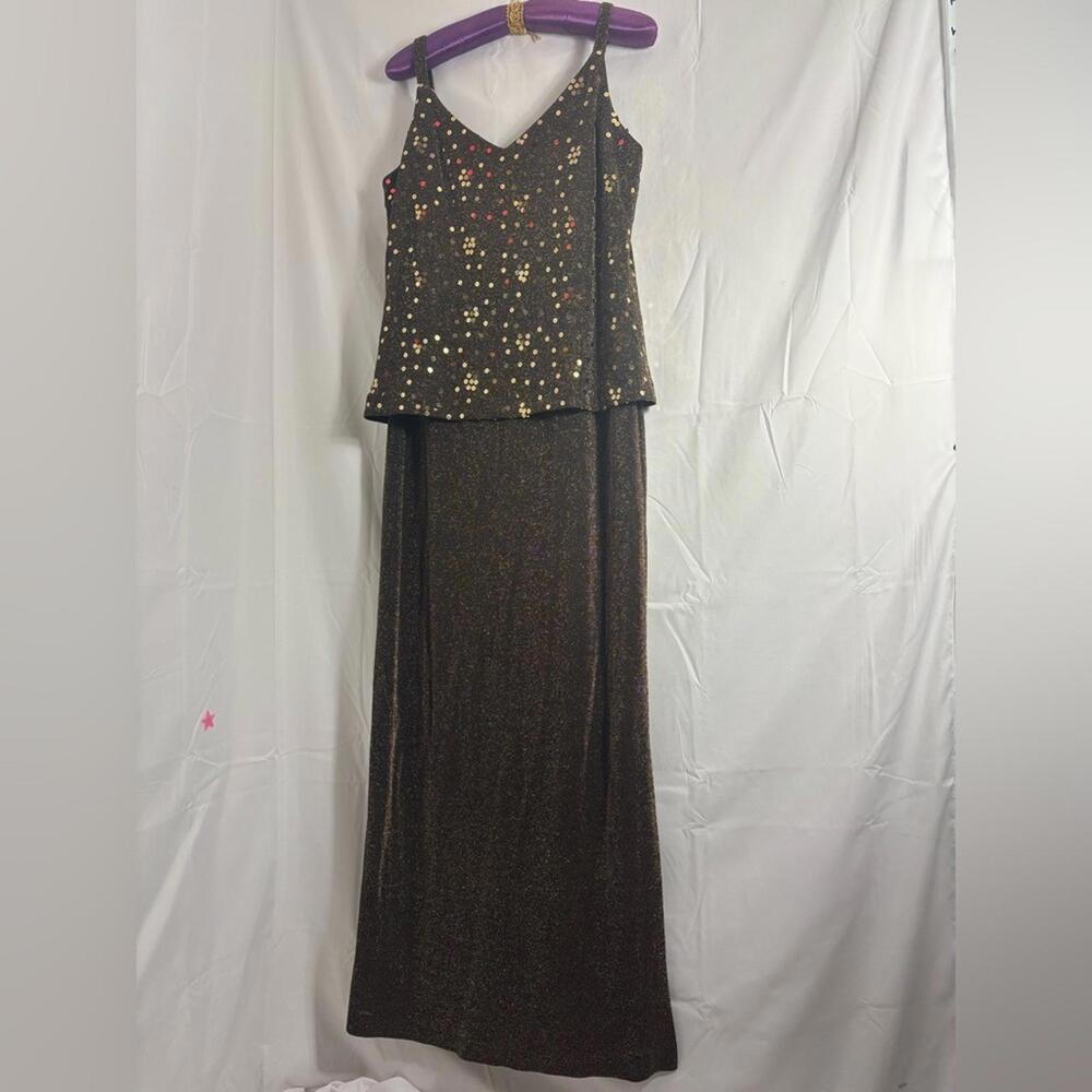 VTG 90s Black Gold Sequin Sleeveless Cocktail Party Maxi Dress Size L-XL